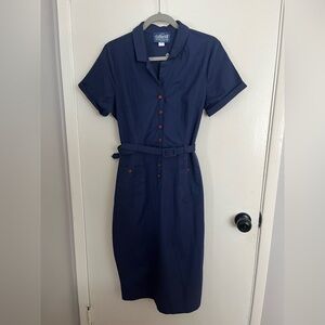 Collectif Caterina Vintage Pencil Dress Navy Office Work Midi Retro US10/UK14